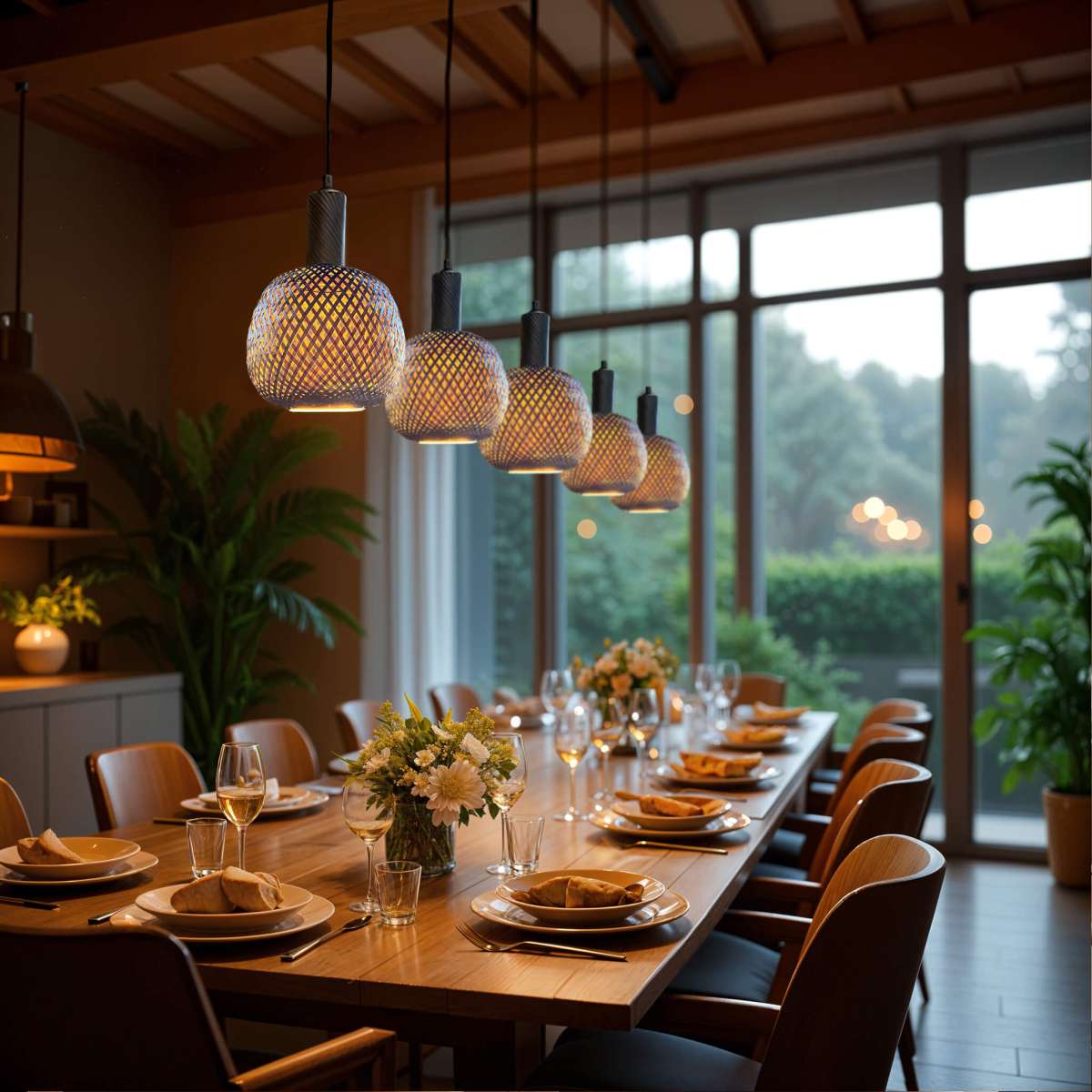 Sfeervolle hanglampen boven een gedekte eettafel — design verlichting van OANN