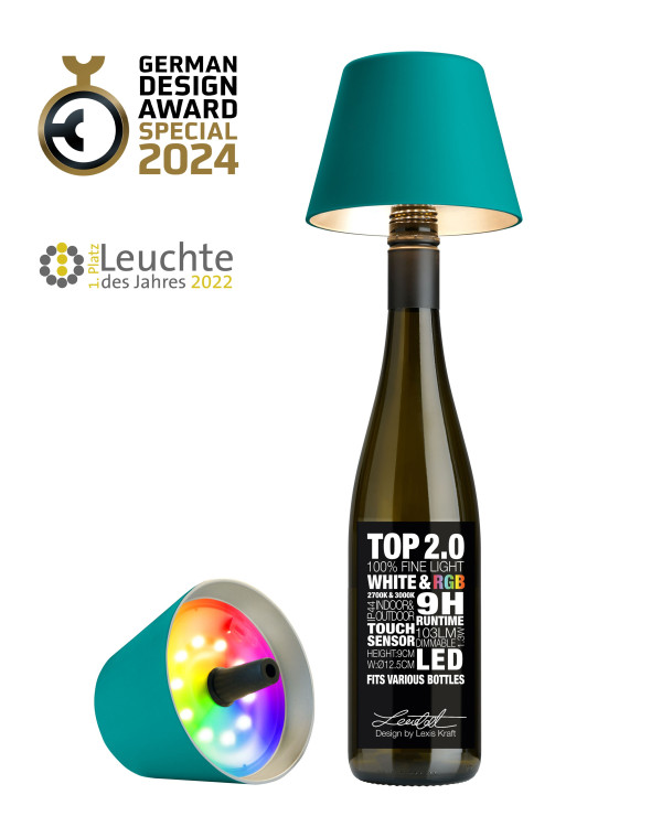TOP 2.0 – Turkoois, oplaadbare flessenlamp