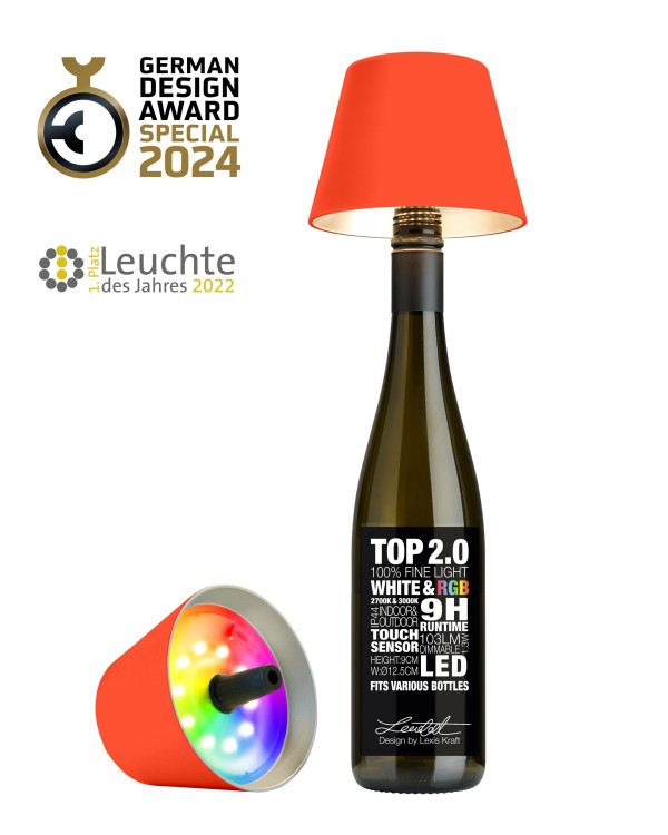 TOP 2.0 – Neonoranje, oplaadbare flessenlamp