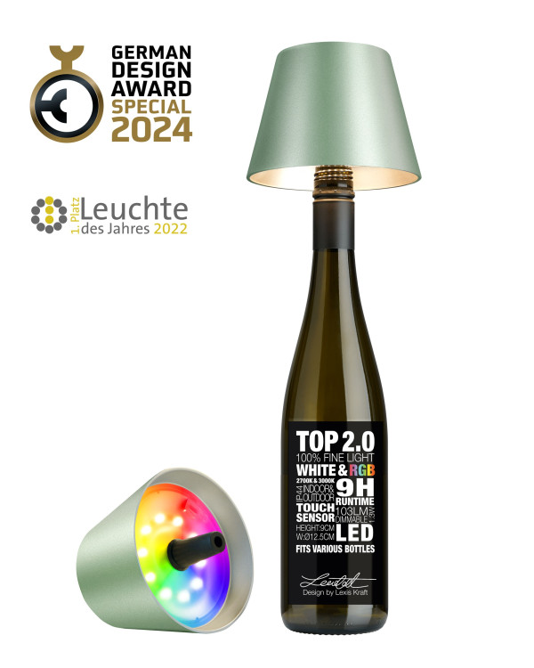 TOP 2.0 – Groen metallic, oplaadbare flessenlamp van Sompex