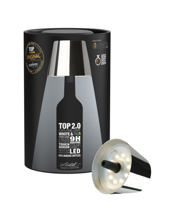 TOP 2.0 – Chroom, oplaadbare flessenlamp van Sompex – afbeelding 3